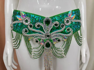 Belly Dance Costume, Women's Pink Sequin & Beaded Bra and Belt Set with Rhinestone Fringe, Adult Oriental Dancewear