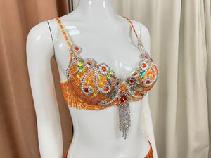 Belly Dance Costume Women's Fuchsia Beaded Sequin Bra and Hip Scarf with Rhinestone Fringe, Cabaret