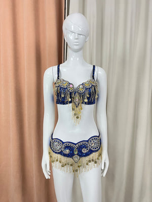 Women's Gold Embellished Sequin Fringe Belly Dance Bra and Belt Set