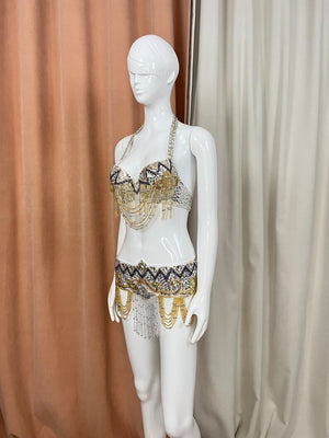 Belly Dance Costume Set, Women's Black & Gold Sequin Beaded Fringe Halter Bra & Hip Scarf, Belly Dance