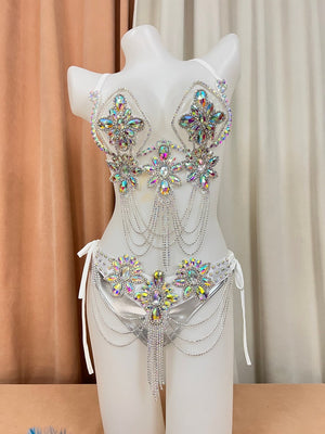 Women's White Iridescent Rhinestone Crystal Chain Fringe Belly Dance Bra and Skirt Set