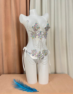 Women's White Iridescent Rhinestone Crystal Chain Fringe Belly Dance Bra and Skirt Set