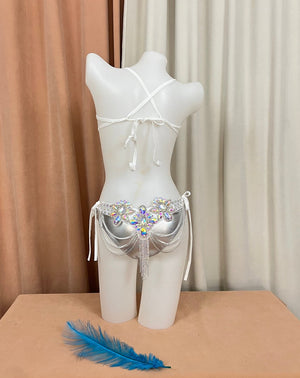 Women's White Iridescent Rhinestone Crystal Chain Fringe Belly Dance Bra and Skirt Set