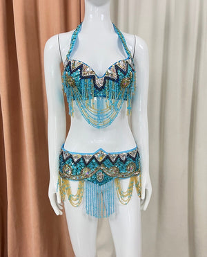 Belly Dance Costume Set, Women's Black & Gold Sequin Beaded Fringe Halter Bra & Hip Scarf, Belly Dance