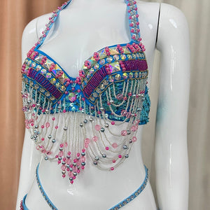 Belly Dance Costume Womens Blue Pink Beaded Halter Top and Hip Scarf Set with Fringe and Sequins