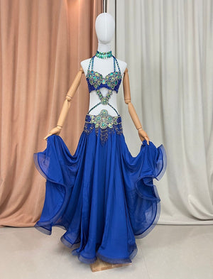 Women's Royal Blue Sequin & Bead Embellished Halter Neck Belly Dance Costume with Chiffon Skirt