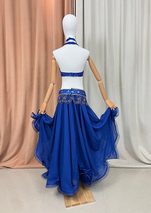 Women's Royal Blue Sequin & Bead Embellished Halter Neck Belly Dance Costume with Chiffon Skirt