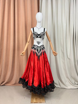 Belly Dance Costume Women's Red and Black Sequin Beaded Fringe Bra and Skirt Set with Ruffled Hem, Tribal Fusion Performance Outfit