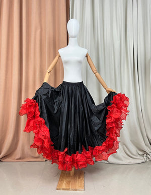 Flamenco Skirt Women's Red and Black Ruffled Satin and Organza Full Circle Dance Skirt