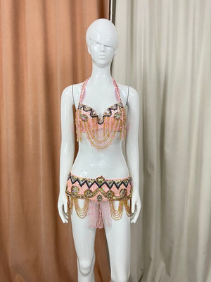 Belly Dance Costume, Women's Pink & Gold Beaded Sequin Halter Top & Hip Scarf Set, Embellished Tassel Fringe, Performance Apparel