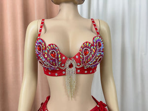 Belly Dance Bra and Belt Set, Women's Red Sequin & Rhinestone Embellished with Gold Coin Fringe, Performance Costume