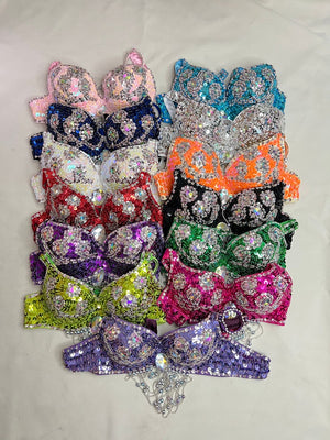 Belly Dance Halter Top Women's White Sequin Beaded Rhinestone Bra with Draped Fringe