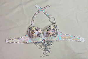 Belly Dance Halter Top Women's White Sequin Beaded Rhinestone Bra with Draped Fringe