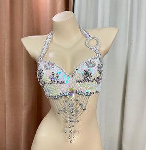 Belly Dance Halter Top Women's White Sequin Beaded Rhinestone Bra with Draped Fringe