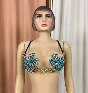 Dancing Bra Top, Women's, Teal/Gold, Embellished Jewel Open Cup, Belly Dance