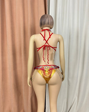 Belly Dance Costume Women's Red Embellished Rhinestone & Gold Chain Halter Bra and Hip Scarf Set for Performance