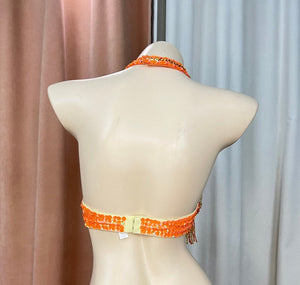Belly Dance Bra Top, Women's Orange Beaded Halter Neck Sequin Fringe Costume Bra Top, Belly Dance