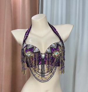 Belly Dance Bra Top, Women's Orange Beaded Halter Neck Sequin Fringe Costume Bra Top, Belly Dance