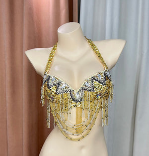 Women's White/Gold/Silver Sequin Beaded Halter Neck Belly Dance Bra Top - Tribal/Cabaret Style