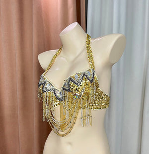 Women's White/Gold/Silver Sequin Beaded Halter Neck Belly Dance Bra Top - Tribal/Cabaret Style