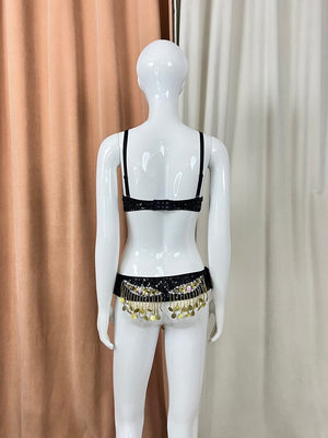 Belly Dance Bra and Belt Set, Women's Black & Gold Sequin Coin Fringe, Belly Dance