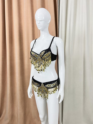 Belly Dance Bra and Belt Set, Women's Black & Gold Sequin Coin Fringe, Belly Dance