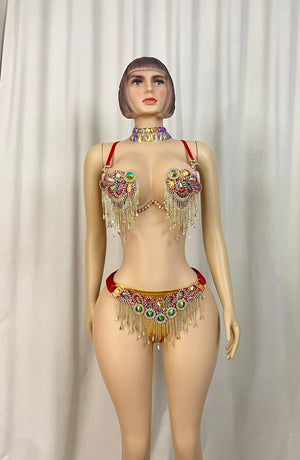Women's Red and Gold Sequin Rhinestone Fringe Two-Piece Belly Dance Costume