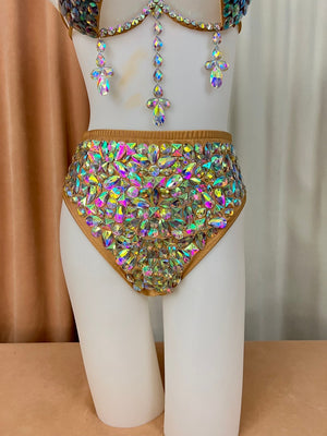 Women's Iridescent Rhinestone Sequin Bra Top and High-Waisted Briefs Set, Burlesque Dance