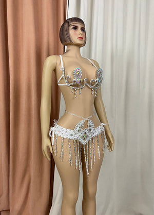 Rhinestone Fringe Belly Dance Bra and Belt Set - Women's White Iridescent Crystal Embellished Performance Costume