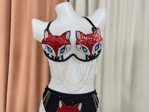 Women's Black & Red Sequin Fox Halter Bikini Set - Burlesque Dancewear