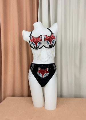 Women's Black & Red Sequin Fox Halter Bikini Set - Burlesque Dancewear