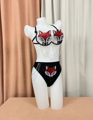 Women's Black & Red Sequin Fox Halter Bikini Set - Burlesque Dancewear