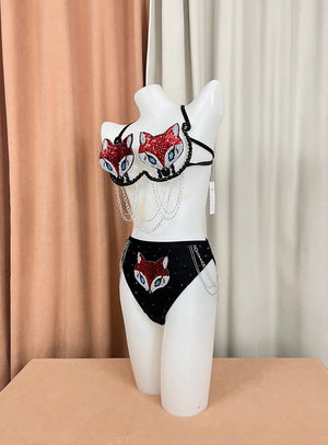 Women's Black & Red Sequin Fox Halter Bikini Set - Burlesque Dancewear