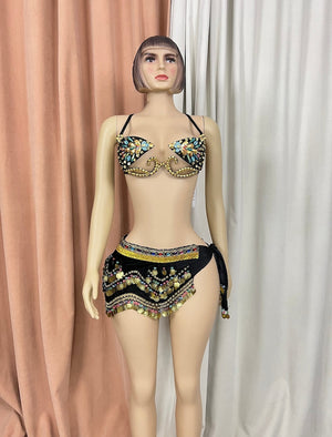 Belly Dance Costume Women's Black & Gold Embellished Bra & Hip Scarf Set with Coins and Beads