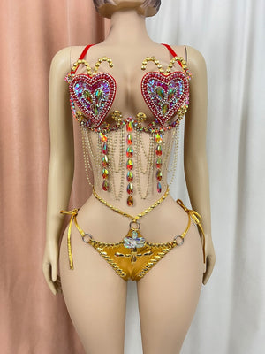 Women's Red & Gold Rhinestone Heart Embellished Chain Fringe Bra & Bottoms Set for Latin Dance