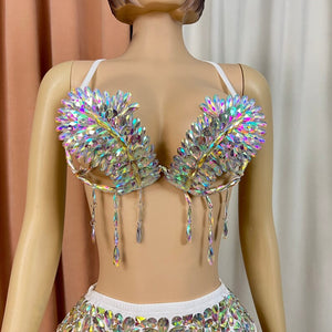 Women's White Iridescent Rhinestone Fringe Bra and High-Waist Briefs Two-Piece Set for Carnival Dance