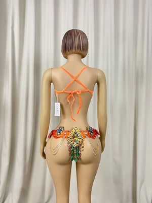 Carnival Samba Belly Dance Bra Belt Set, Women's Orange Gold Rhinestone Sequin Beaded Fringe Latin Dance Costume