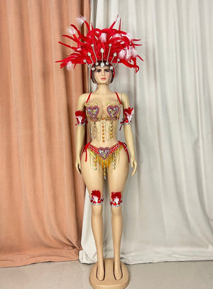 Carnival Dance Costume Women's Red and Gold Sequin Feathered Headdress Bustier and Bottoms with Chains and Armbands Samba Dance