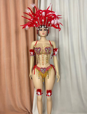 Carnival Dance Costume Women's Red and Gold Sequin Feathered Headdress Bustier and Bottoms with Chains and Armbands Samba Dance