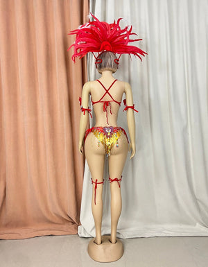 Carnival Dance Costume Women's Red and Gold Sequin Feathered Headdress Bustier and Bottoms with Chains and Armbands Samba Dance