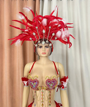 Carnival Dance Costume Women's Red and Gold Sequin Feathered Headdress Bustier and Bottoms with Chains and Armbands Samba Dance