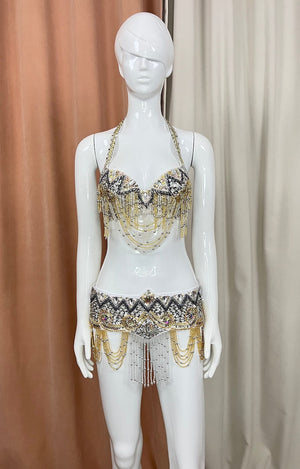 Belly Dance Costume Set, Women's Black & Gold Sequin Beaded Fringe Halter Bra & Hip Scarf, Belly Dance