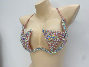 Dancing Bra Women's Pink Rhinestone Beaded Halter Top Open Cup Rave Dancewear