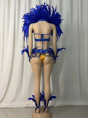 Carnival Dance Costume, Women's Red and Yellow Feathered Embellished Sequin Mardi Gras Outfit