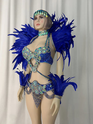 Carnival Dance Costume, Women's Red and Yellow Feathered Embellished Sequin Mardi Gras Outfit