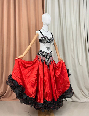 Belly Dance Costume Women's Red and Black Sequin Beaded Fringe Bra and Skirt Set with Ruffled Hem, Tribal Fusion Performance Outfit