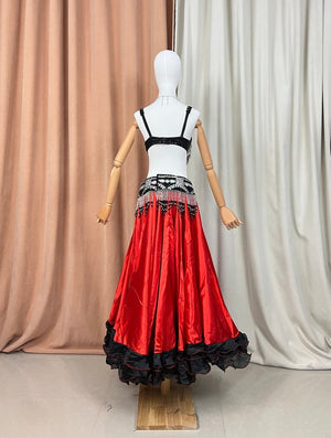 Belly Dance Costume Women's Red and Black Sequin Beaded Fringe Bra and Skirt Set with Ruffled Hem, Tribal Fusion Performance Outfit