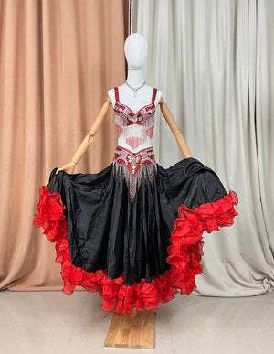 Belly Dance Costume Women's Red and Black Sequin Beaded Fringe Bra and Skirt Set with Ruffled Hem, Tribal Fusion Performance Outfit
