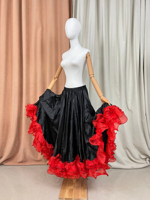 Flamenco Skirt Women's Red and Black Ruffled Satin and Organza Full Circle Dance Skirt
