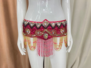 Belly Dance Costume Women's Fuchsia & Gold Beaded Halter Top & Hip Skirt with Sequins and Rhinestones
